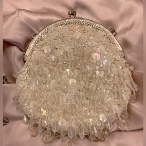 Beaded Metal Frame Purse in White with Chain Strap - Vintage